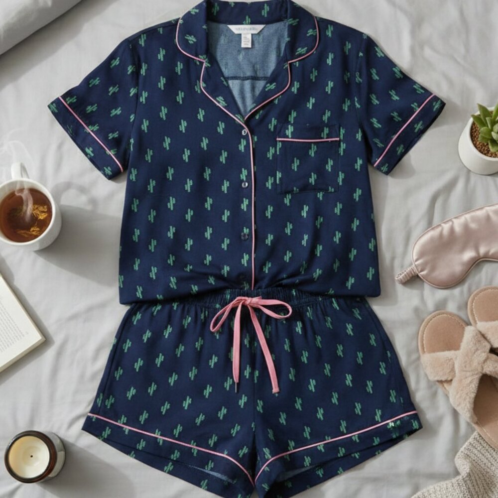 Tabitha Webb Cactus Print Pajama Shorts Set Navy